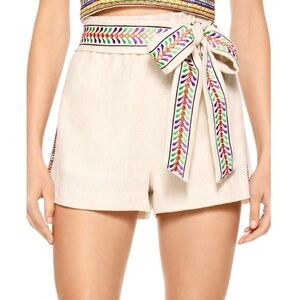 ALICE + OLIVIA Linn Embroidered Belted Linen Shorts NEW Size L Beige